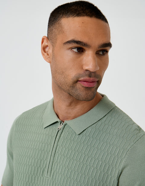 Threadbare Textured Knit Quarter Zip Polo in Sage Green - collar close up