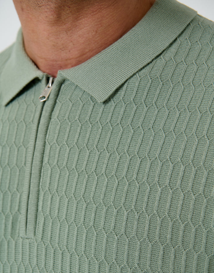 Sage Green Textured Knit Quarter Zip Polo