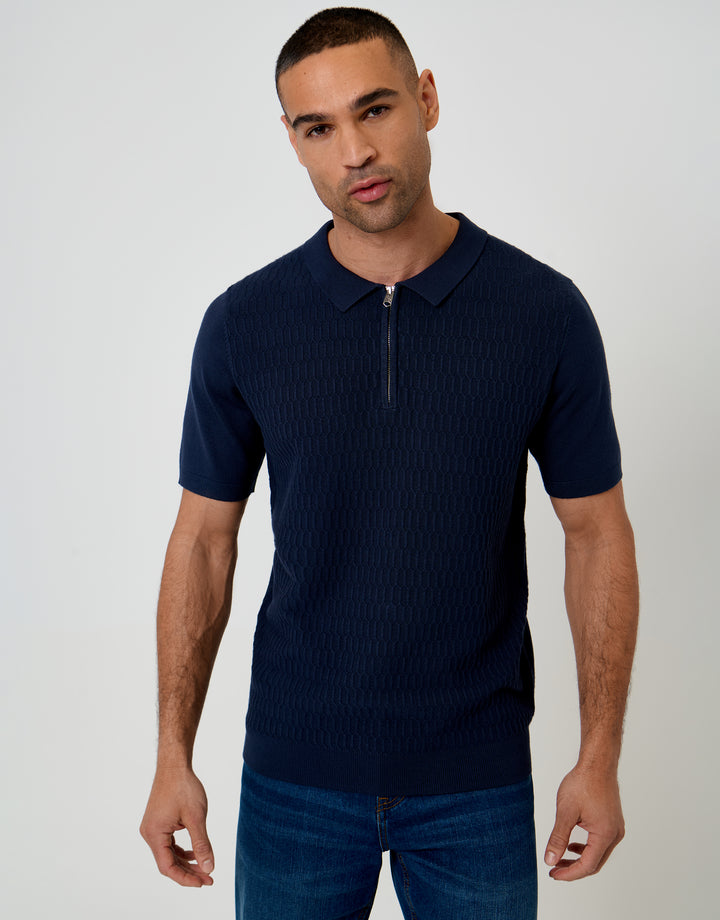 Navy Textured Knit Quarter Zip Polo