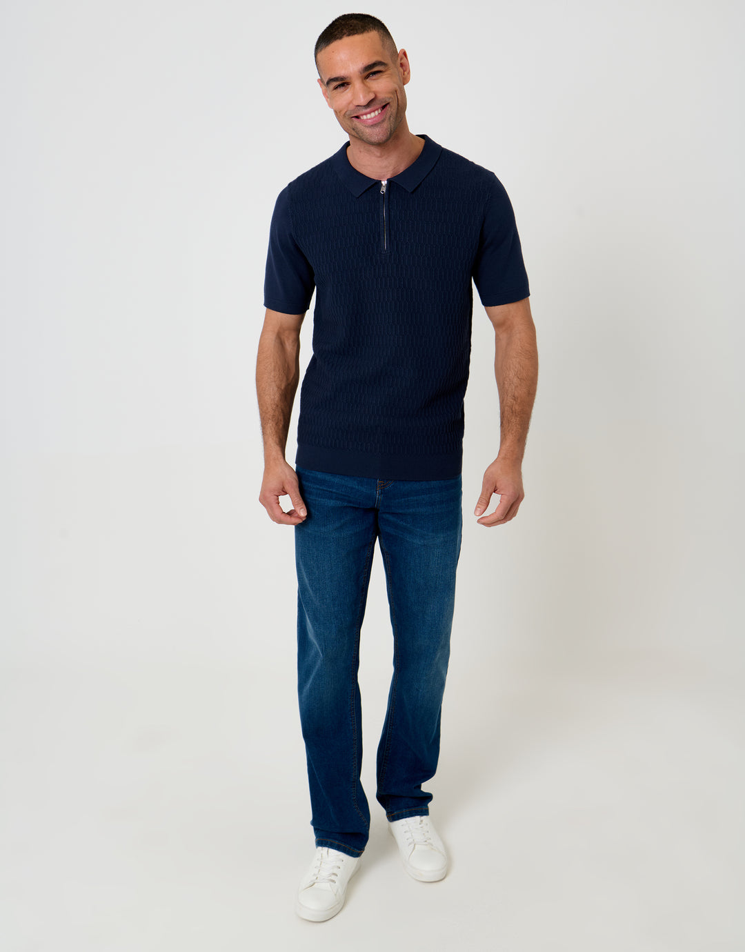 Navy Textured Knit Quarter Zip Polo