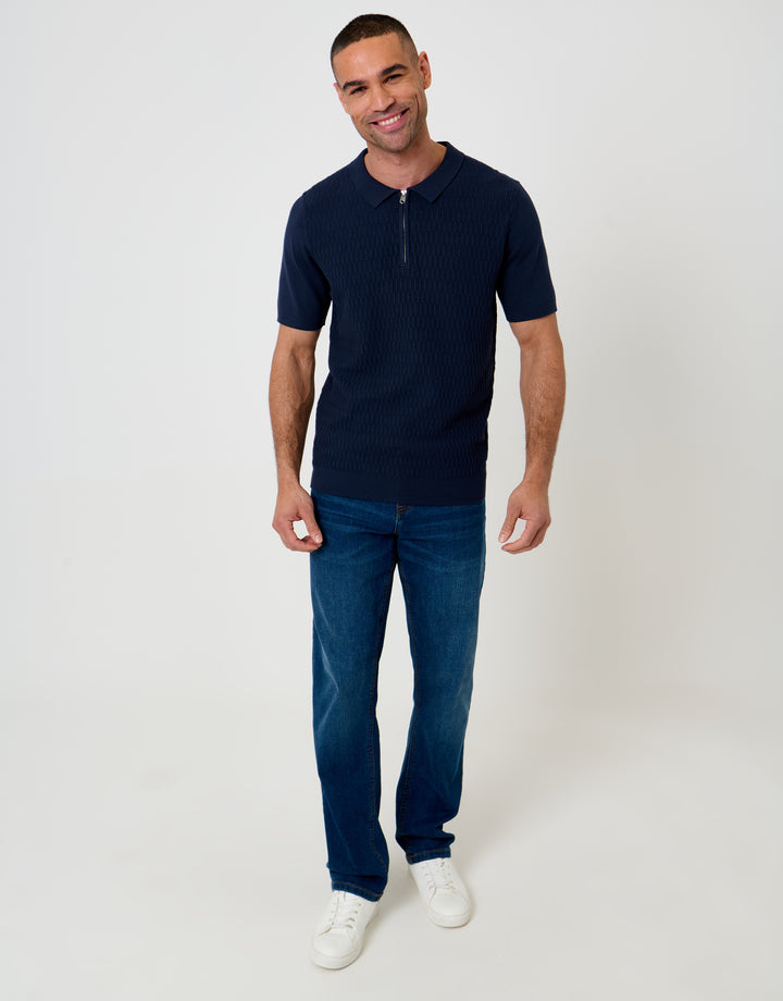 Navy Textured Knit Quarter Zip Polo