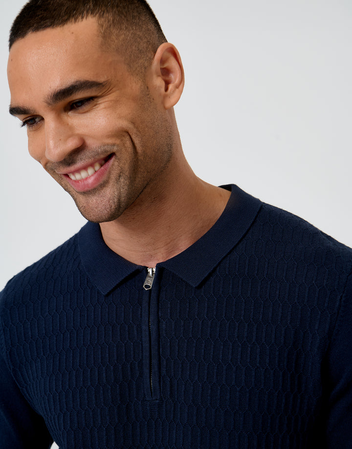 Navy Textured Knit Quarter Zip Polo