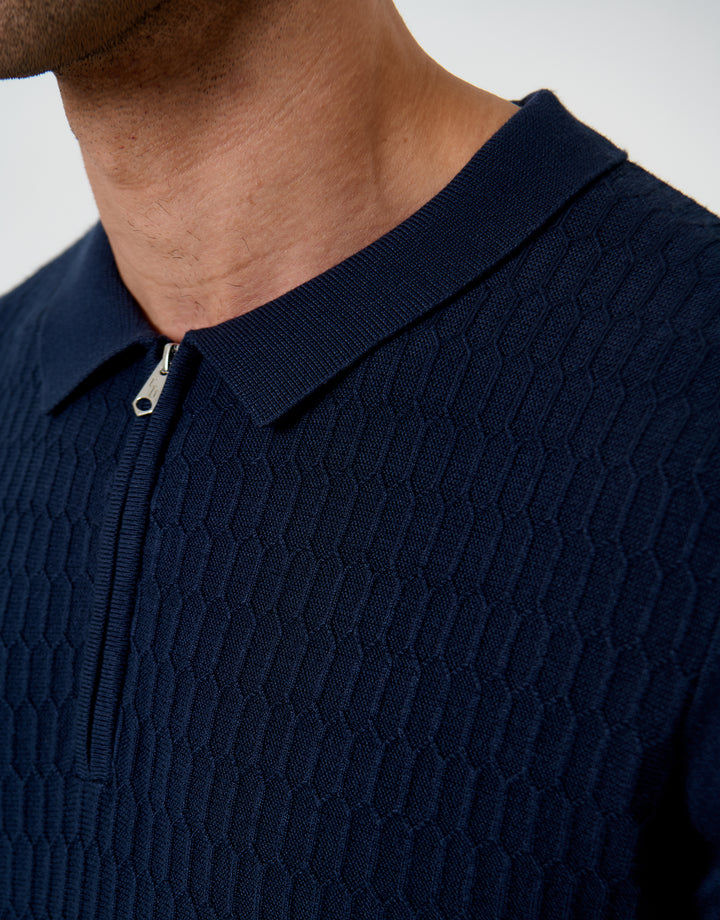 Navy Textured Knit Quarter Zip Polo