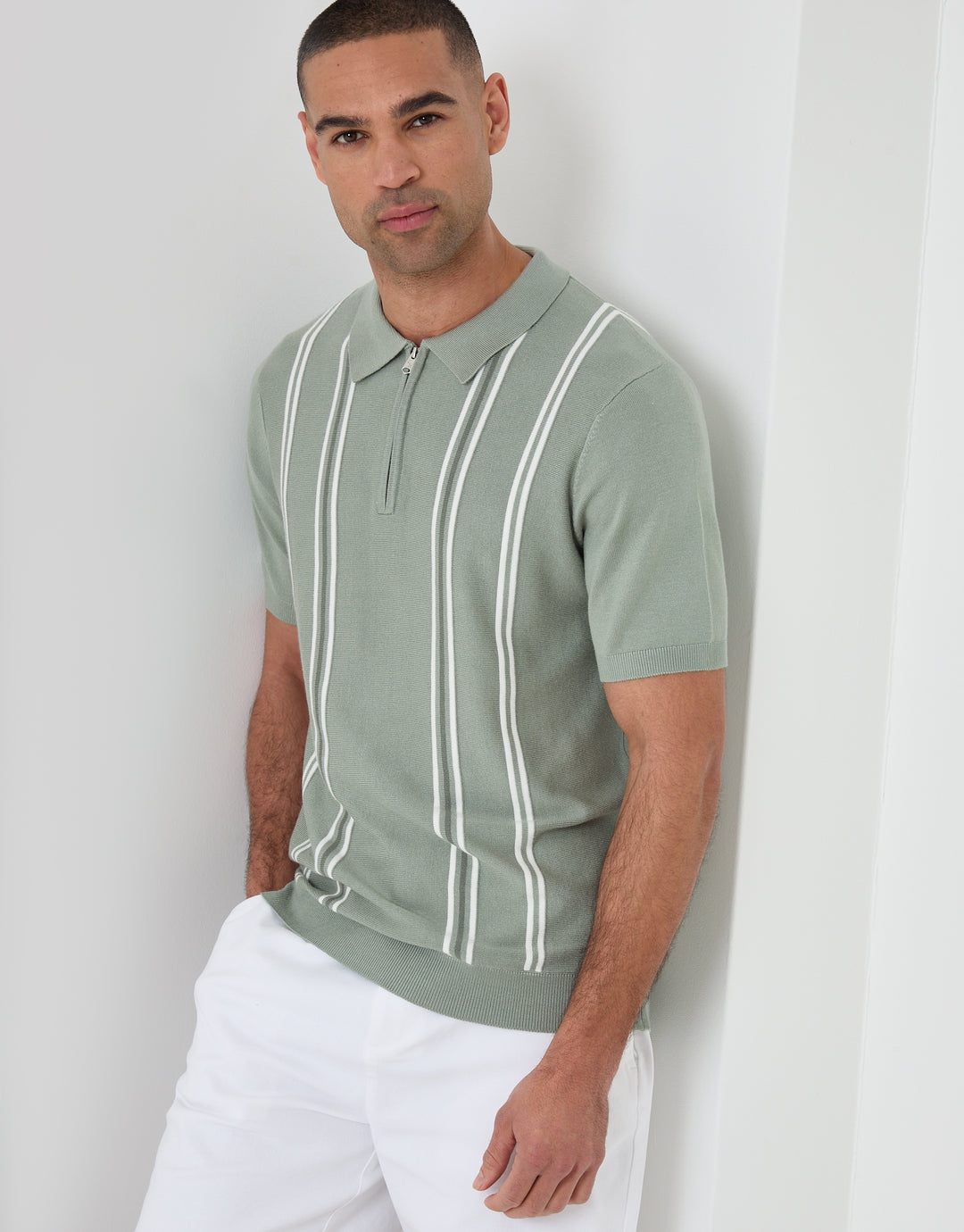Threadbare Quarter Zip Knitted Polo in Sage Green Stripe - front view