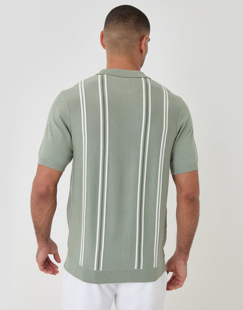 Threadbare Quarter Zip Knitted Polo in Sage Green Stripe - back view