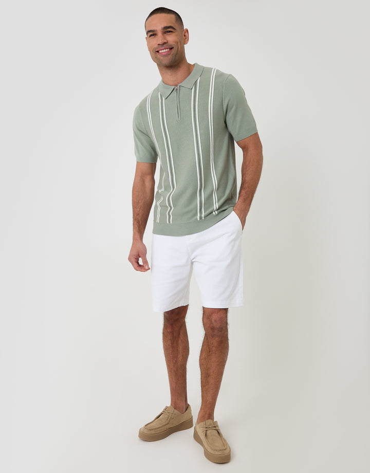 Threadbare Quarter Zip Knitted Polo in Sage Green Stripe - full body