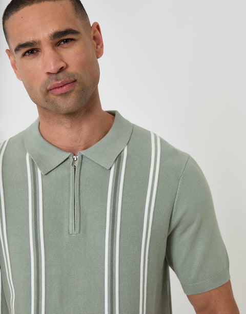 Threadbare Quarter Zip Knitted Polo in Sage Green Stripe - front view close up