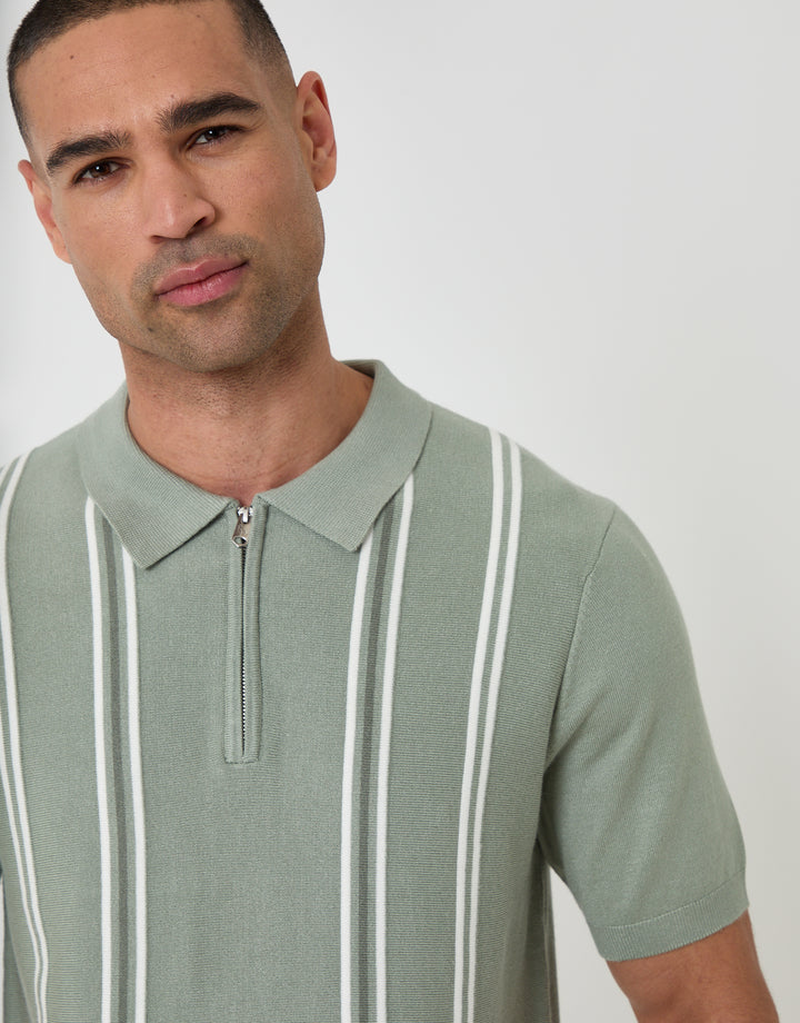 Threadbare Quarter Zip Knitted Polo in Sage Green Stripe - front view close up