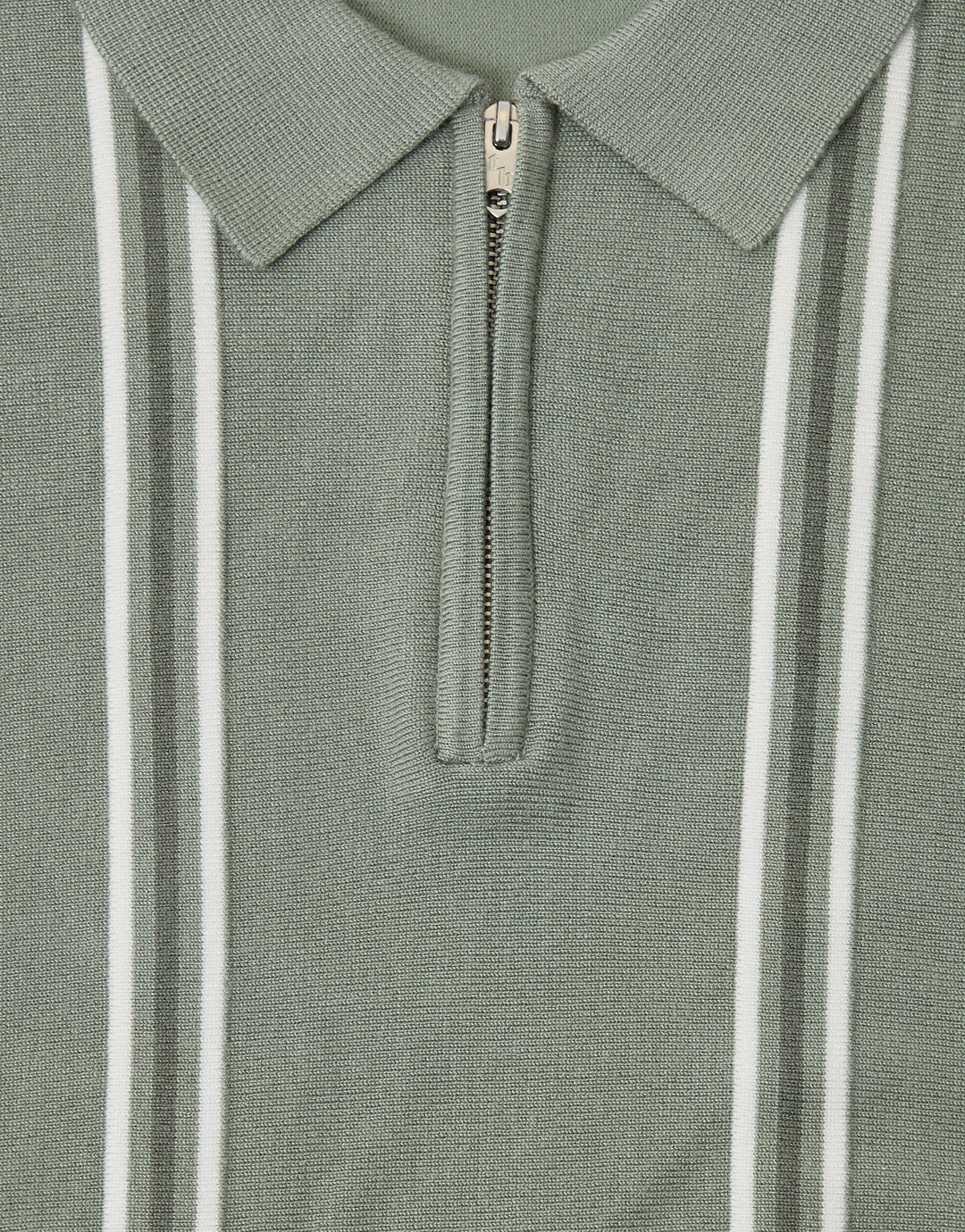 Threadbare Quarter Zip Knitted Polo in Sage Green Stripe - collar & zip close up