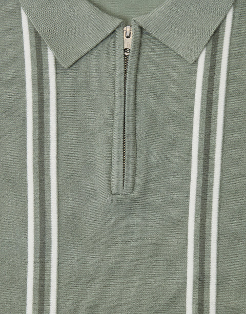 Threadbare Quarter Zip Knitted Polo in Sage Green Stripe - collar & zip close up
