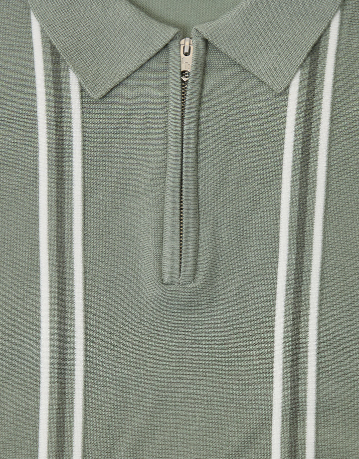 Threadbare Quarter Zip Knitted Polo in Sage Green Stripe - collar & zip close up