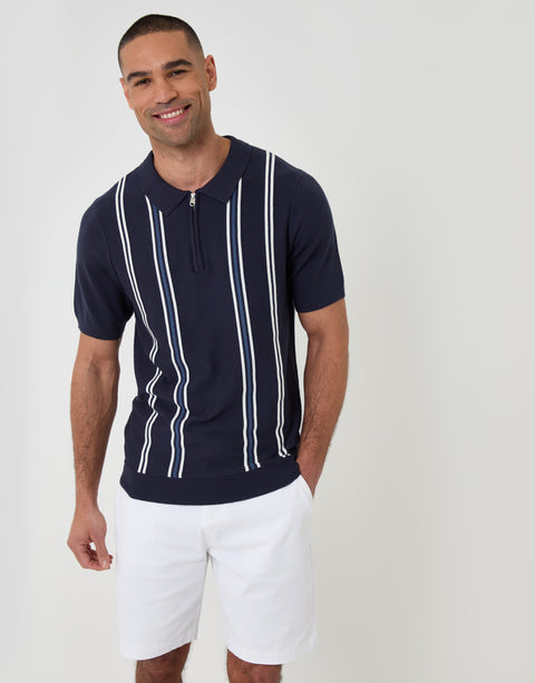 Threadbare Quarter Zip Knitted Polo in Navy Stripe - front view