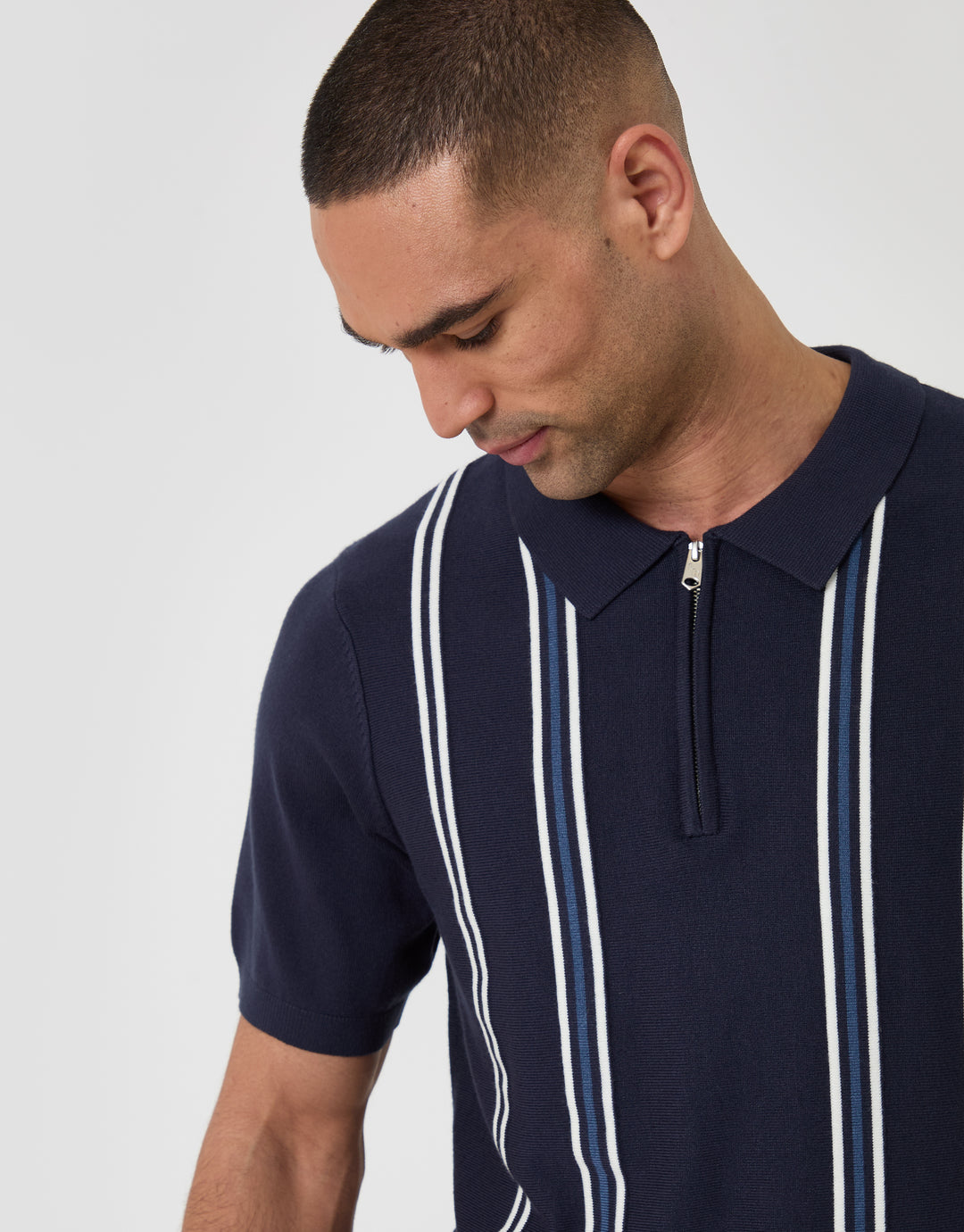 Threadbare Quarter Zip Knitted Polo in Navy Stripe - front view close up