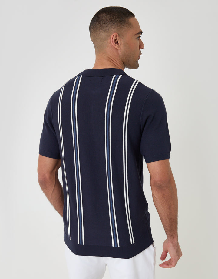 Threadbare Quarter Zip Knitted Polo in Navy Stripe - back view
