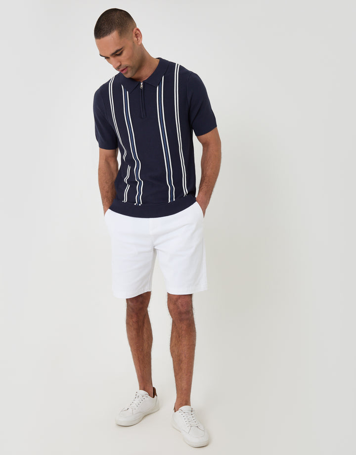 Threadbare Quarter Zip Knitted Polo in Navy Stripe - full body