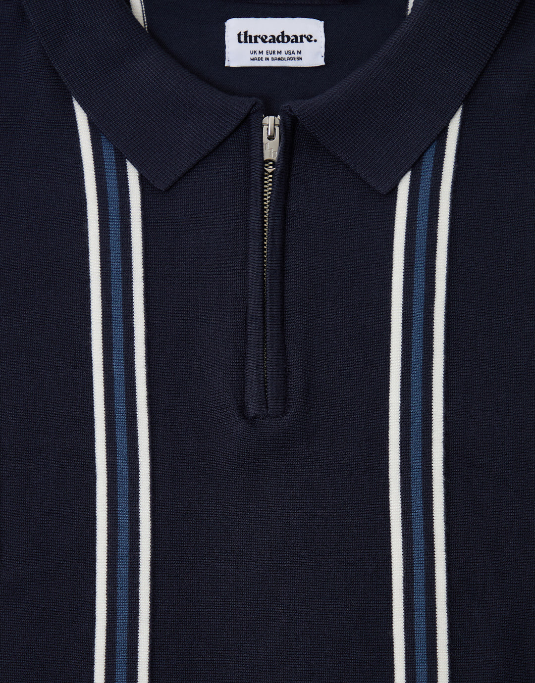 Threadbare Quarter Zip Knitted Polo in Navy Stripe - collar & zip close up