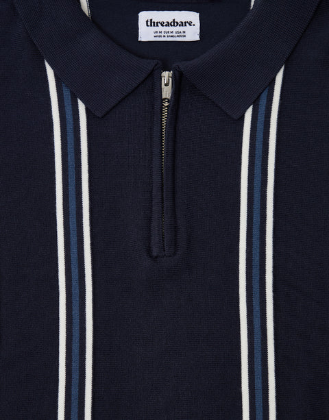 Threadbare Quarter Zip Knitted Polo in Navy Stripe - collar & zip close up