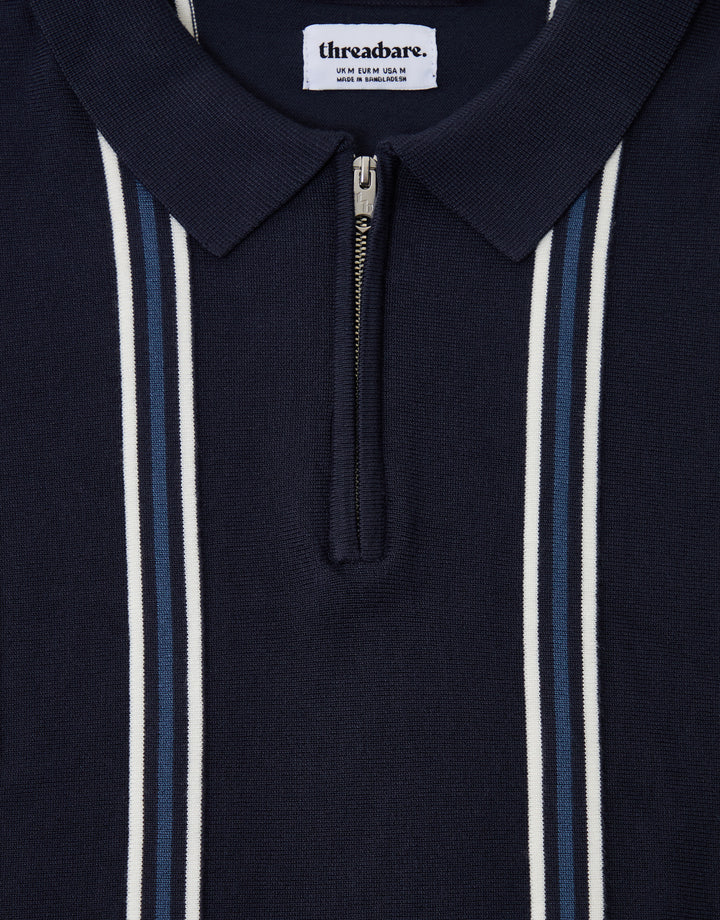 Threadbare Quarter Zip Knitted Polo in Navy Stripe - collar & zip close up