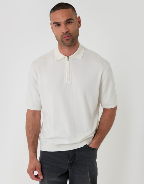 Threadbare Quarter Zip Polo in Ecru - Front View