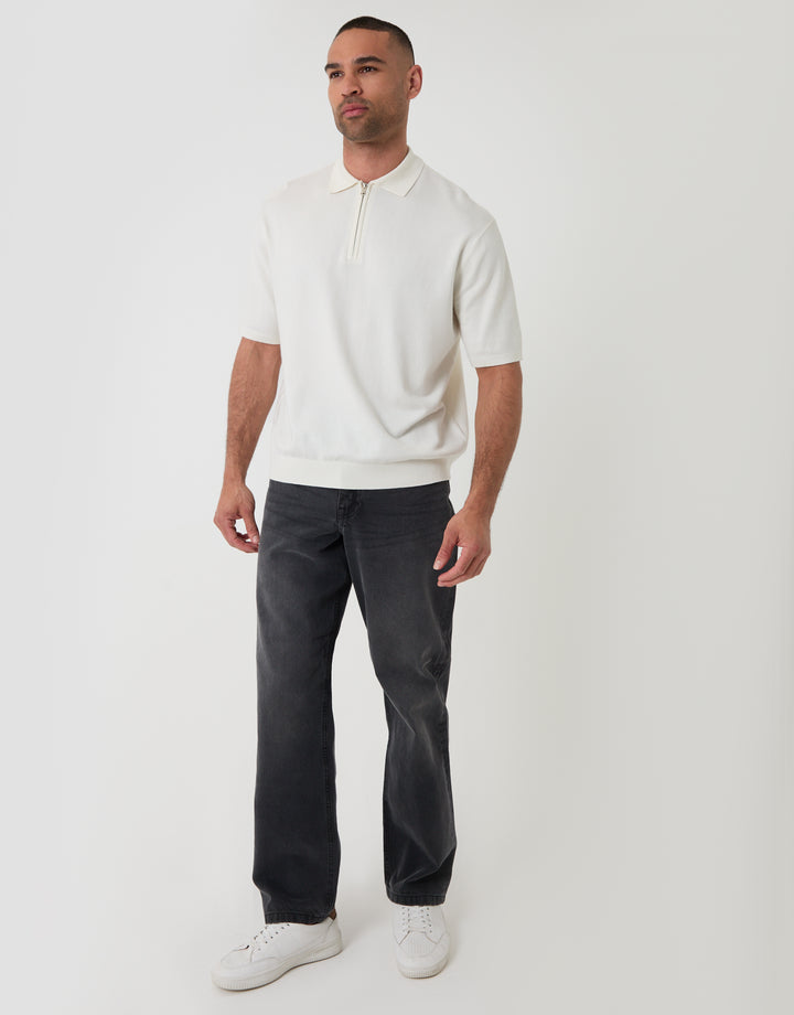 Threadbare Quarter Zip Polo in Ecru - Full View