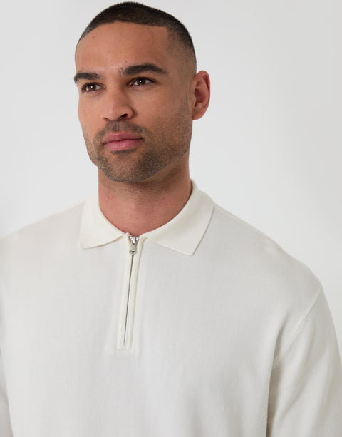 Threadbare Quarter Zip Polo in Ecru - Close View