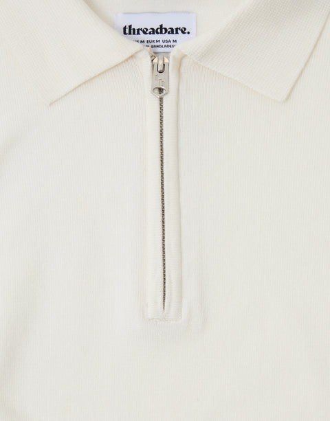 Threadbare Quarter Zip Polo in Ecru - zip close up