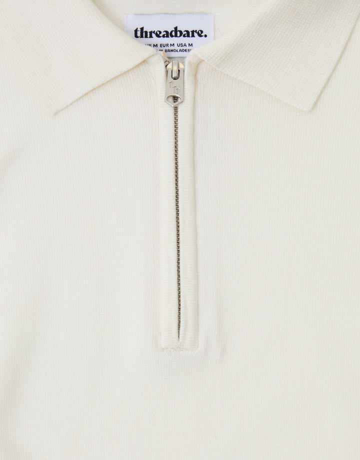 Threadbare Quarter Zip Polo in Ecru - zip close up
