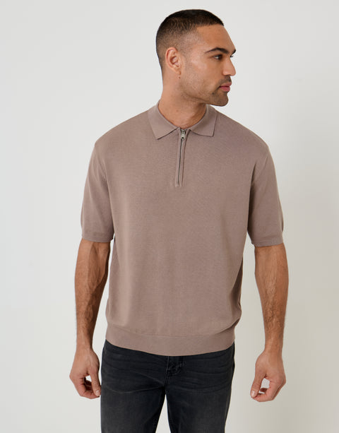 Threadbare Relaxed Fit Knitted Quarter Zip Polo in Taupe - front view