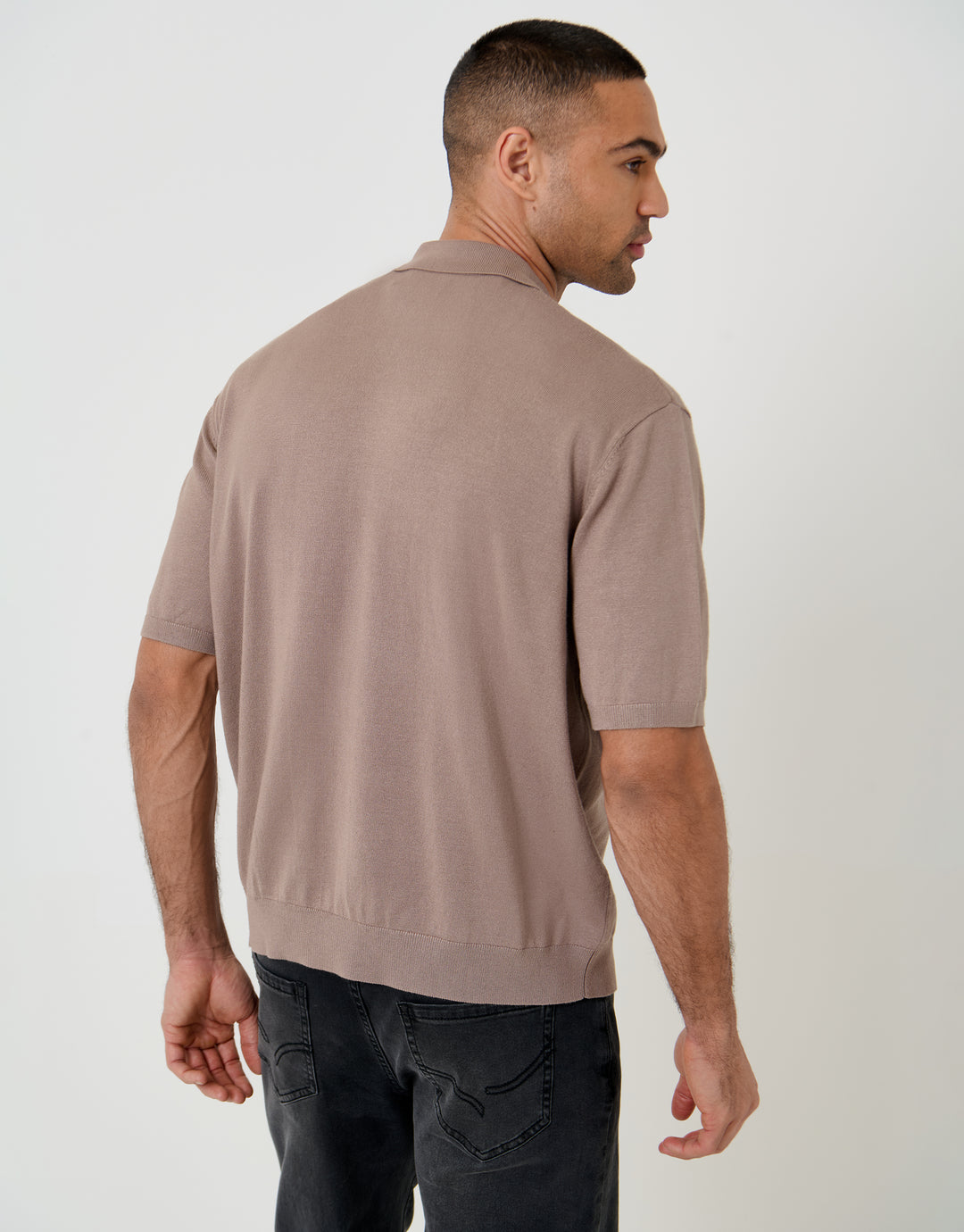 Threadbare Relaxed Fit Knitted Quarter Zip Polo in Taupe - back view