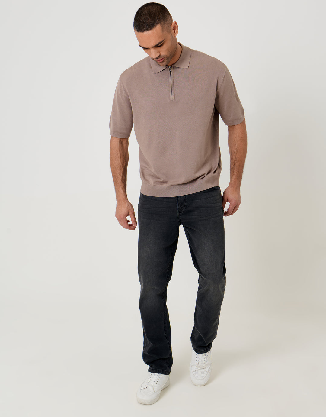 Threadbare Relaxed Fit Knitted Quarter Zip Polo in Taupe - full body