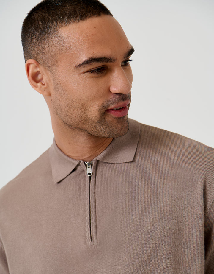 Threadbare Relaxed Fit Knitted Quarter Zip Polo in Taupe - front view close up