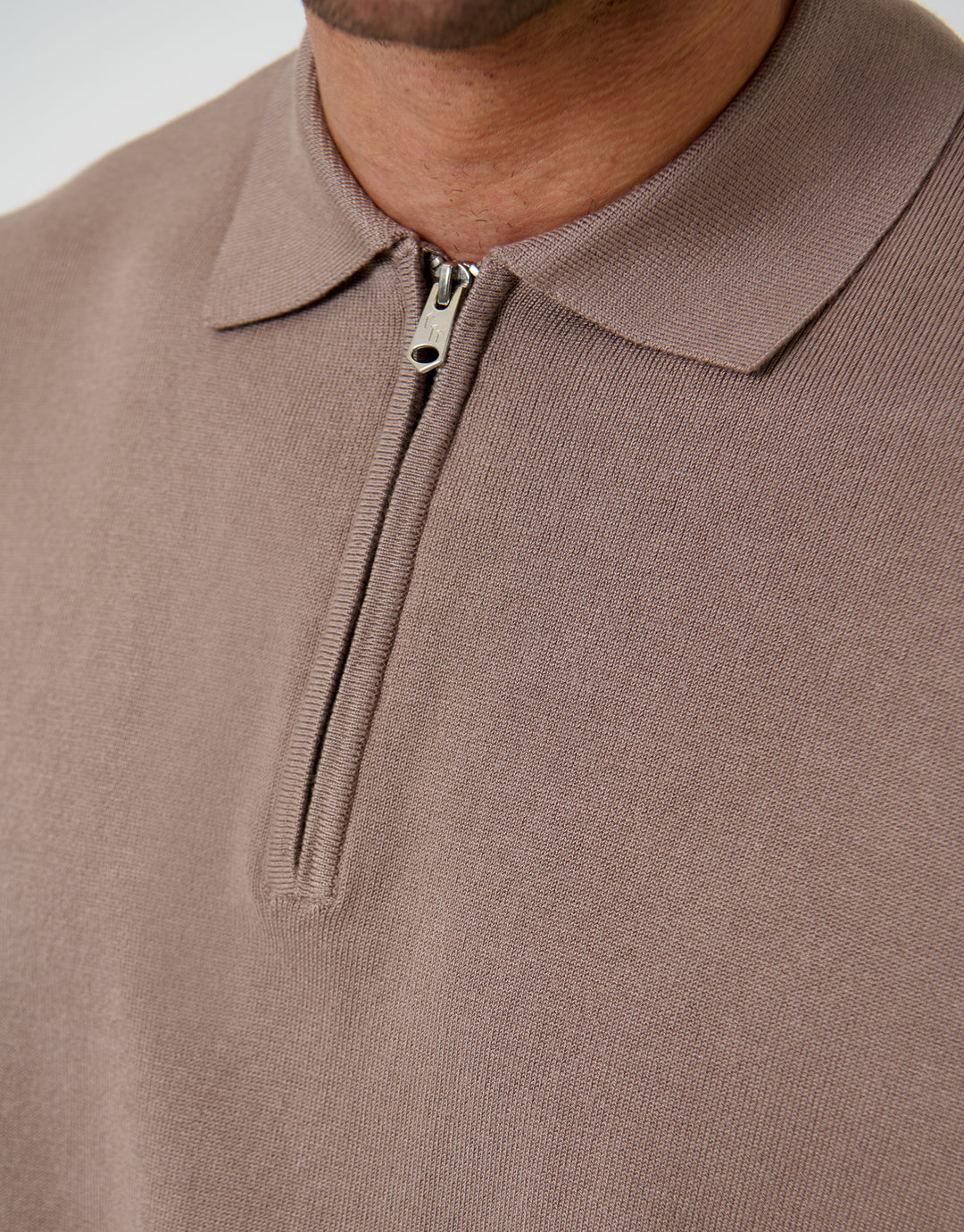 Threadbare Relaxed Fit Knitted Quarter Zip Polo in Taupe - zip close up