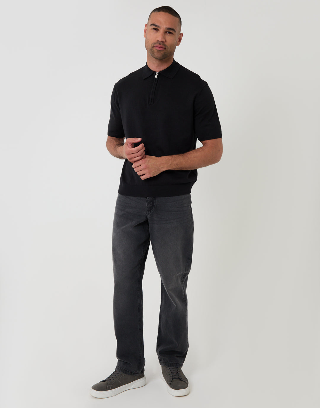 Threabare Quarter Zip Polo in Black - Full View