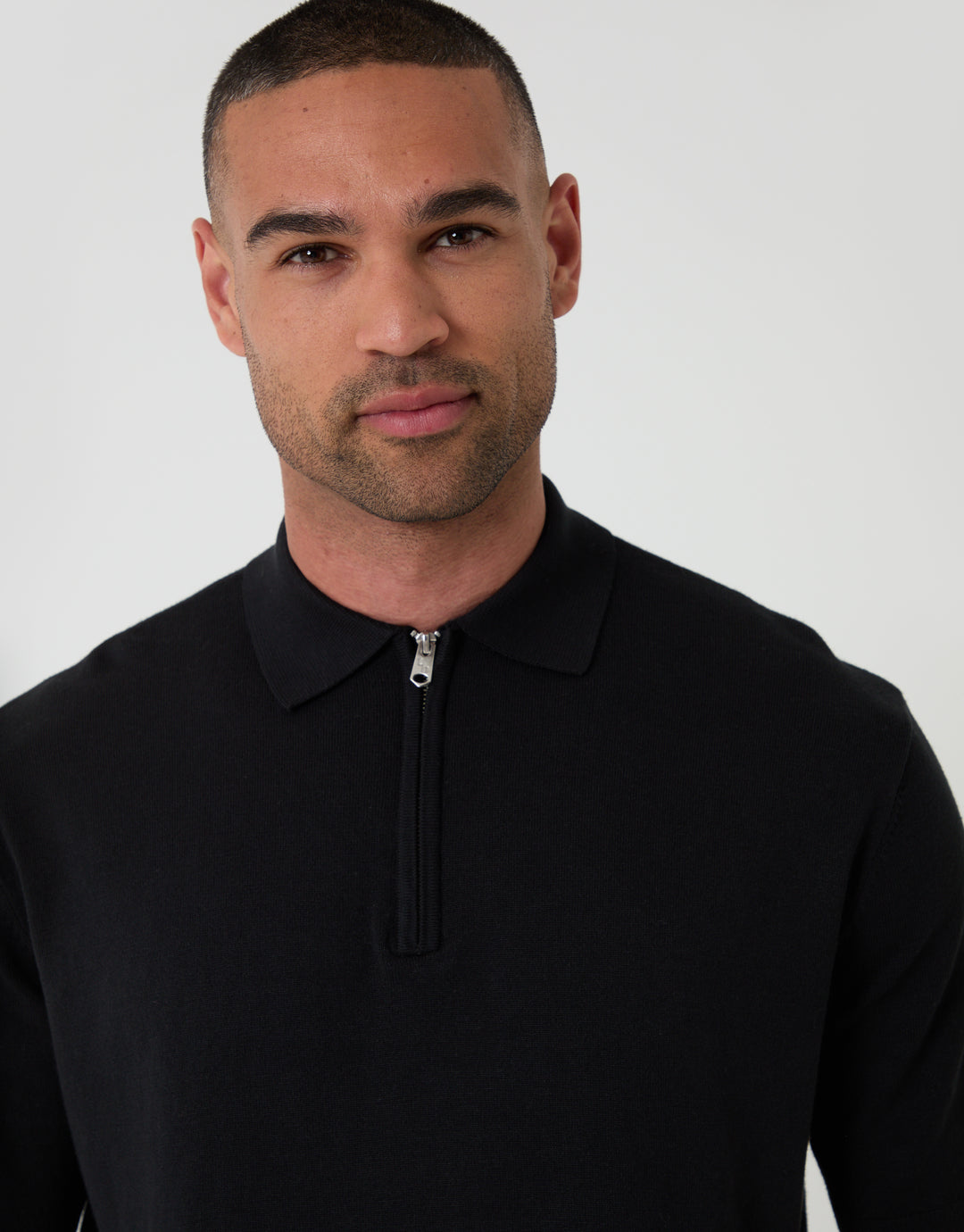 Threabare Quarter Zip Polo in Black - Close View