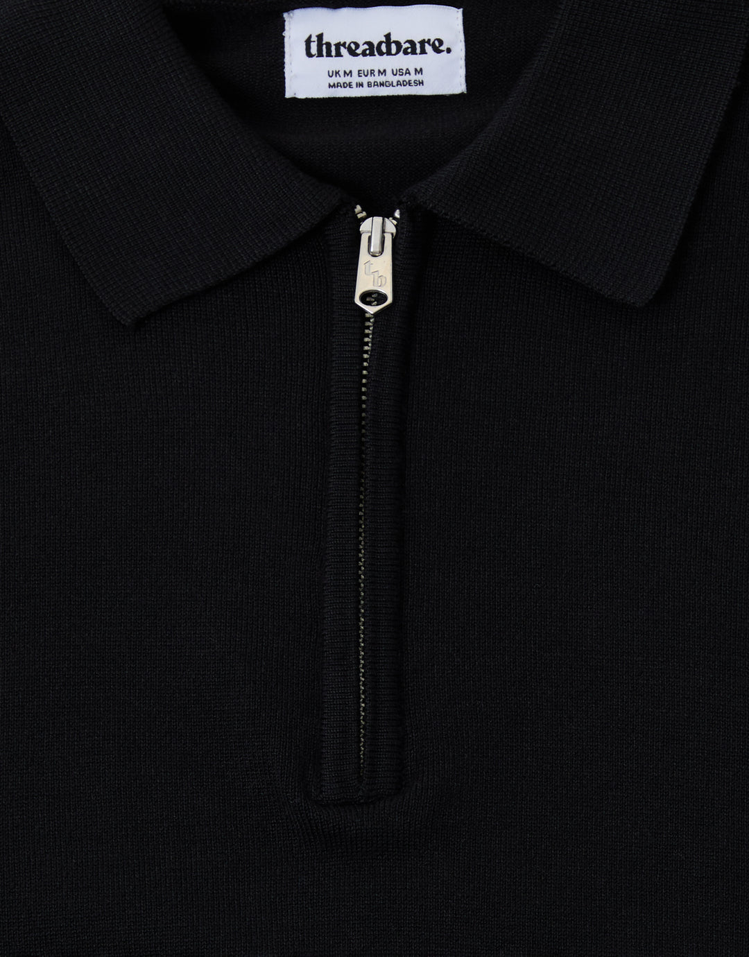 Threadbare Quarter Zip Polo in Black- zip close up