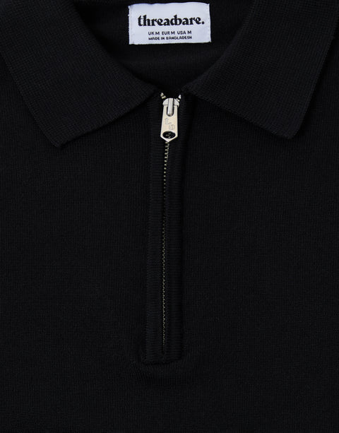 Threadbare Quarter Zip Polo in Black- zip close up