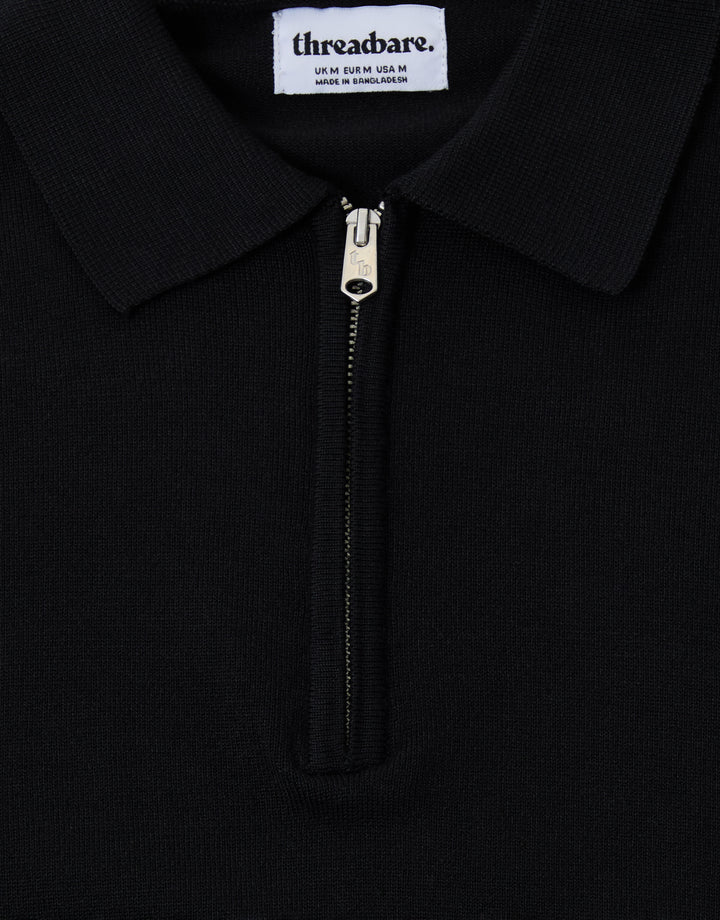 Threadbare Quarter Zip Polo in Black- zip close up