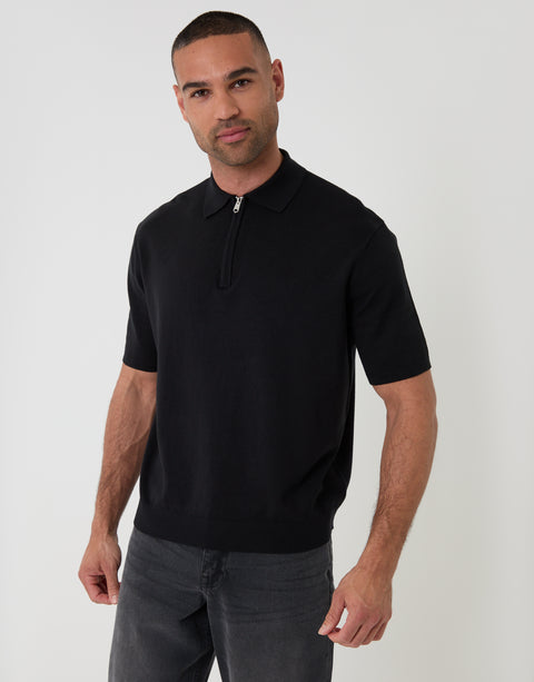 Threabare Quarter Zip Polo in Black - Front View