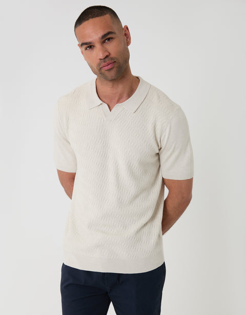 Threadbare Textured Knit Front Trophy Neck Polo in Ecru - front view