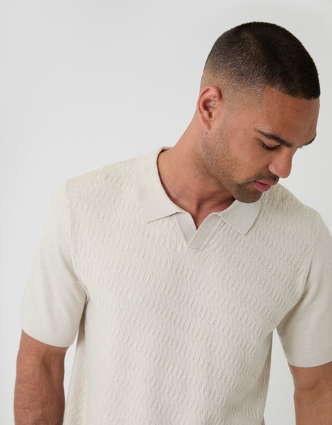 Threadbare Textured Knit Front Trophy Neck Polo in Ecru - front detail chest view