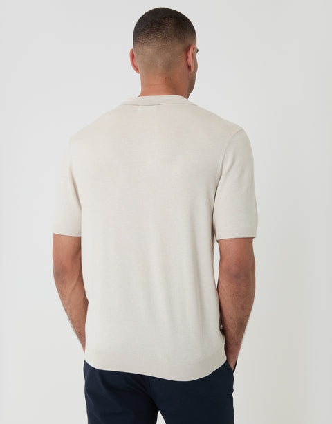 Threadbare Textured Knit Front Trophy Neck Polo in Ecru - back view