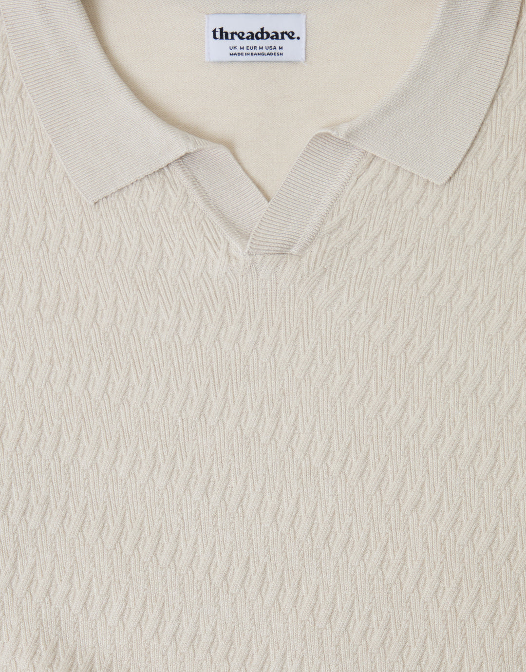 Threadbare Textured Knit Front Trophy Neck Polo in Ecru - chest view flatlay