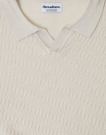 Threadbare Textured Knit Front Trophy Neck Polo in Ecru - chest view flatlay