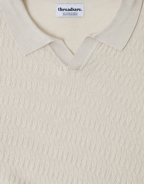 Threadbare Textured Knit Front Trophy Neck Polo in Ecru - chest view flatlay