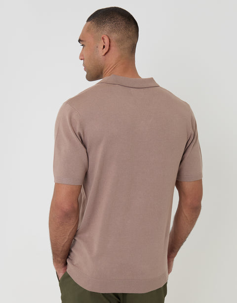 Threadbare Knitted Trophy Neck Polo in Taupe - back view