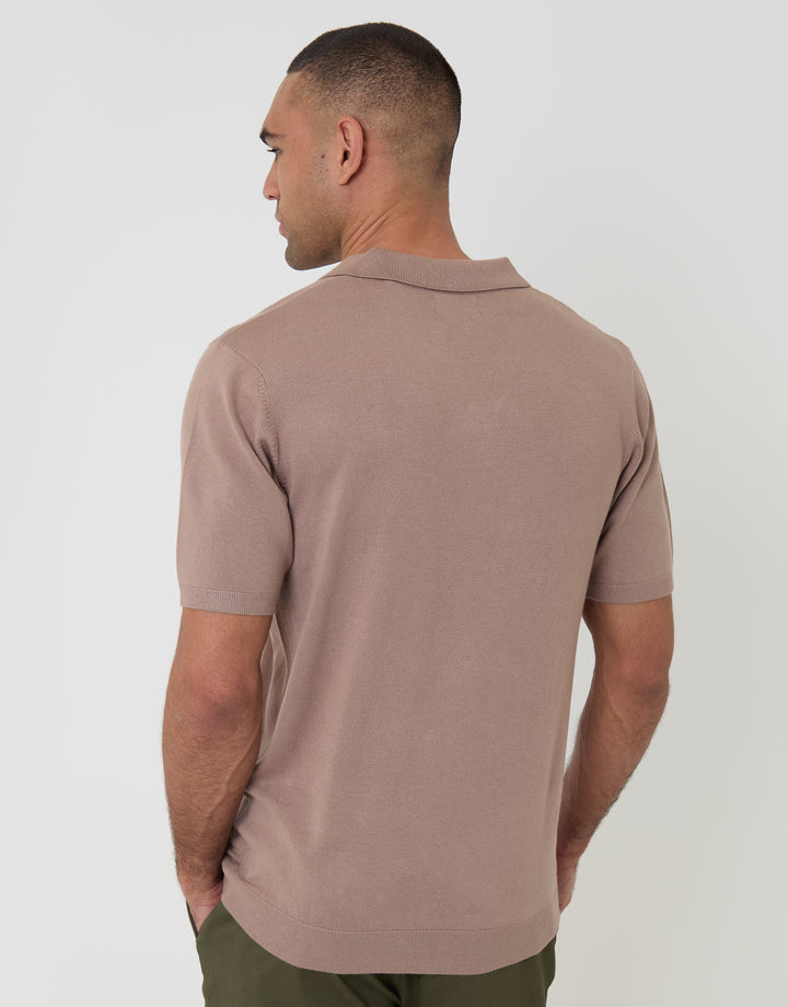 Threadbare Knitted Trophy Neck Polo in Taupe - back view
