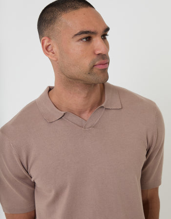 Threadbare Knitted Trophy Neck Polo in Taupe - collar close up