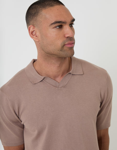 Threadbare Knitted Trophy Neck Polo in Taupe - collar close up