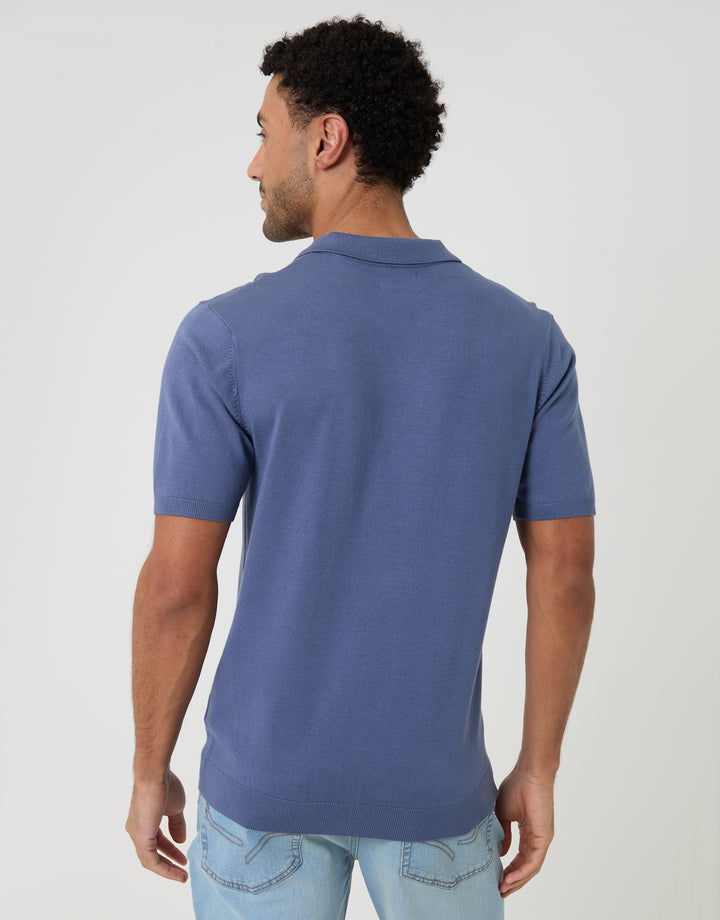 Threadbare Knitted Trophy Neck Polo in Blue - back view