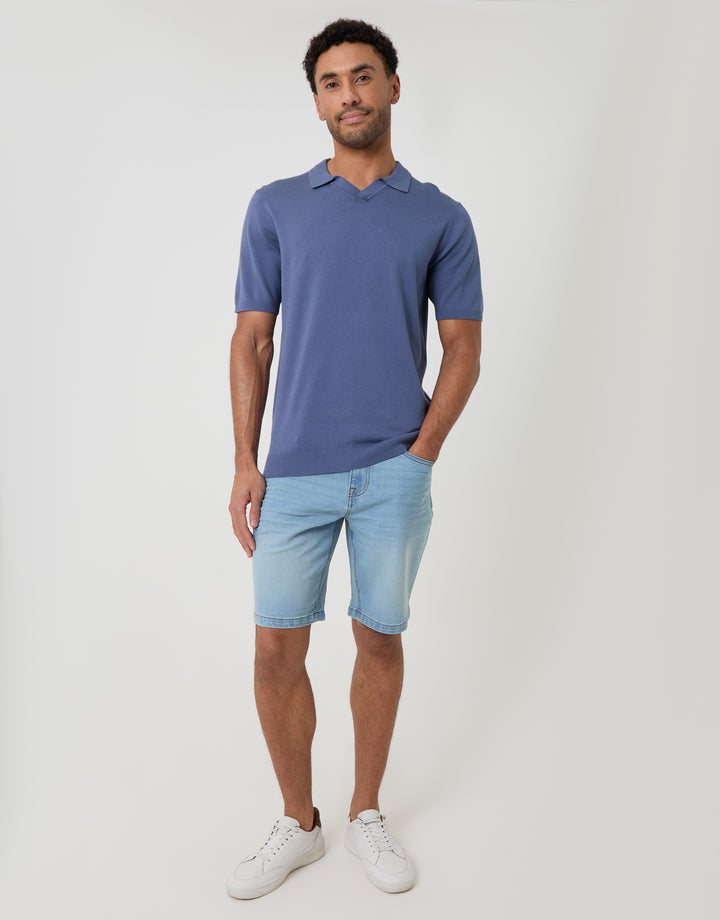 Threadbare Knitted Trophy Neck Polo in Blue - full body
